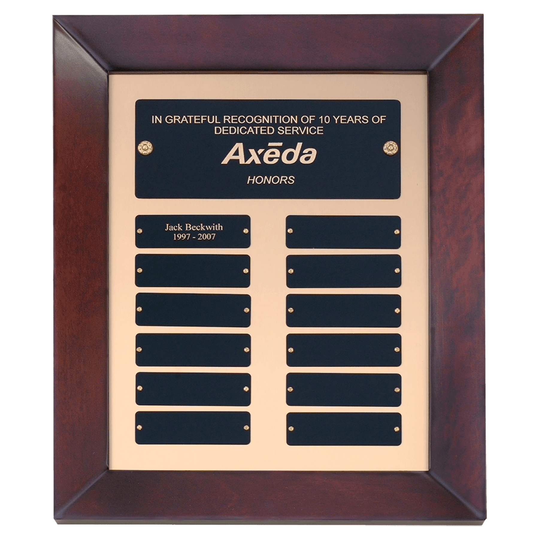 12" x 15" Airflyte Cherry Finish Frame Perpetual Plaque with Gold Metal Background and 12 Laserable Black Brass Plates