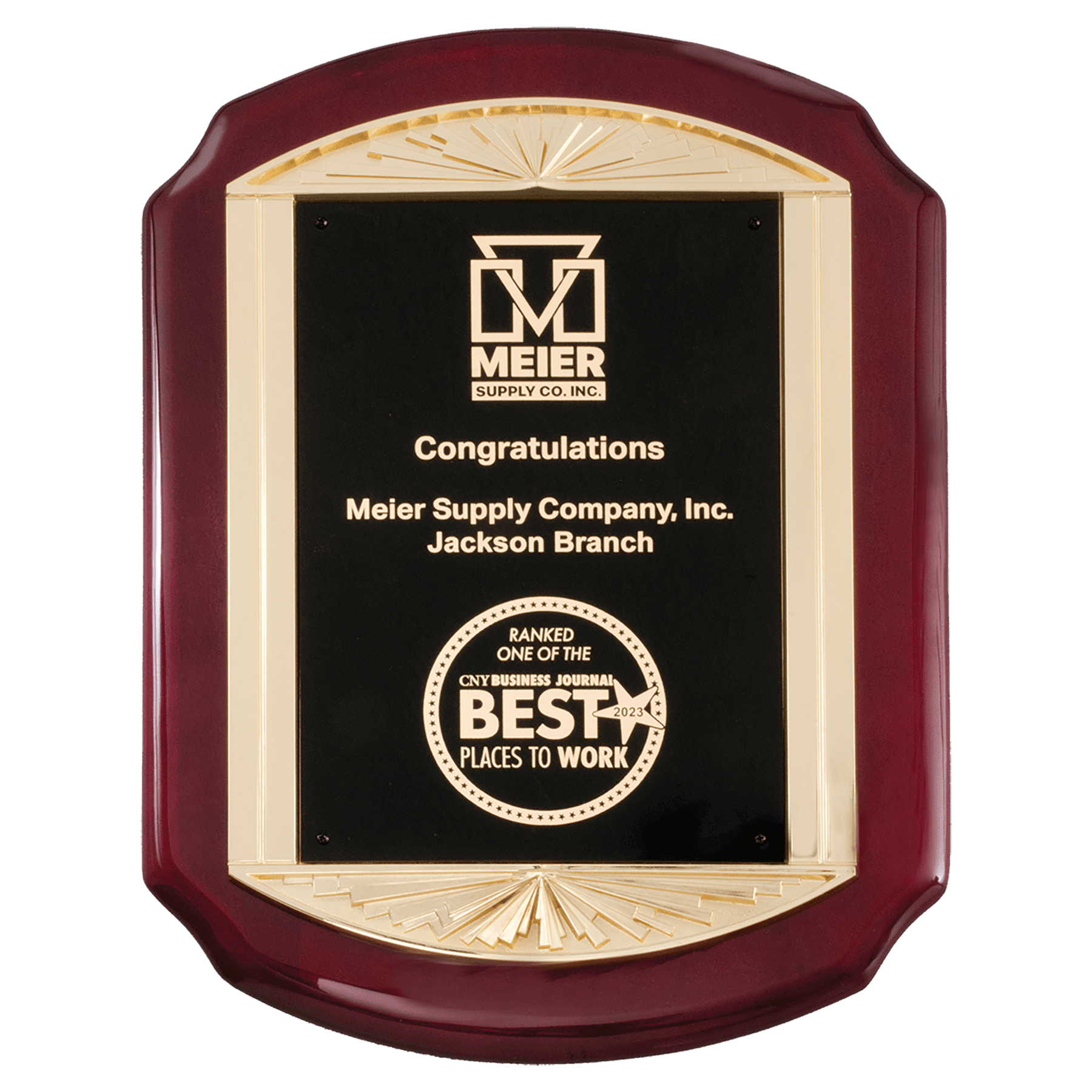 11" x 15" Rosewood Piano Finish Plaque with Metal Gold Sunburst Frame Casting and Black LaserFX Plate